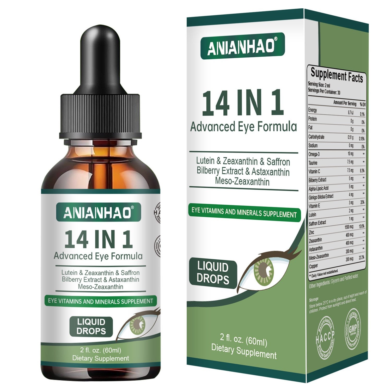 Dry Eye & Strain Relief Drops with Lutein & Zeaxanthin | 14-in-1 Formula, 60 mL