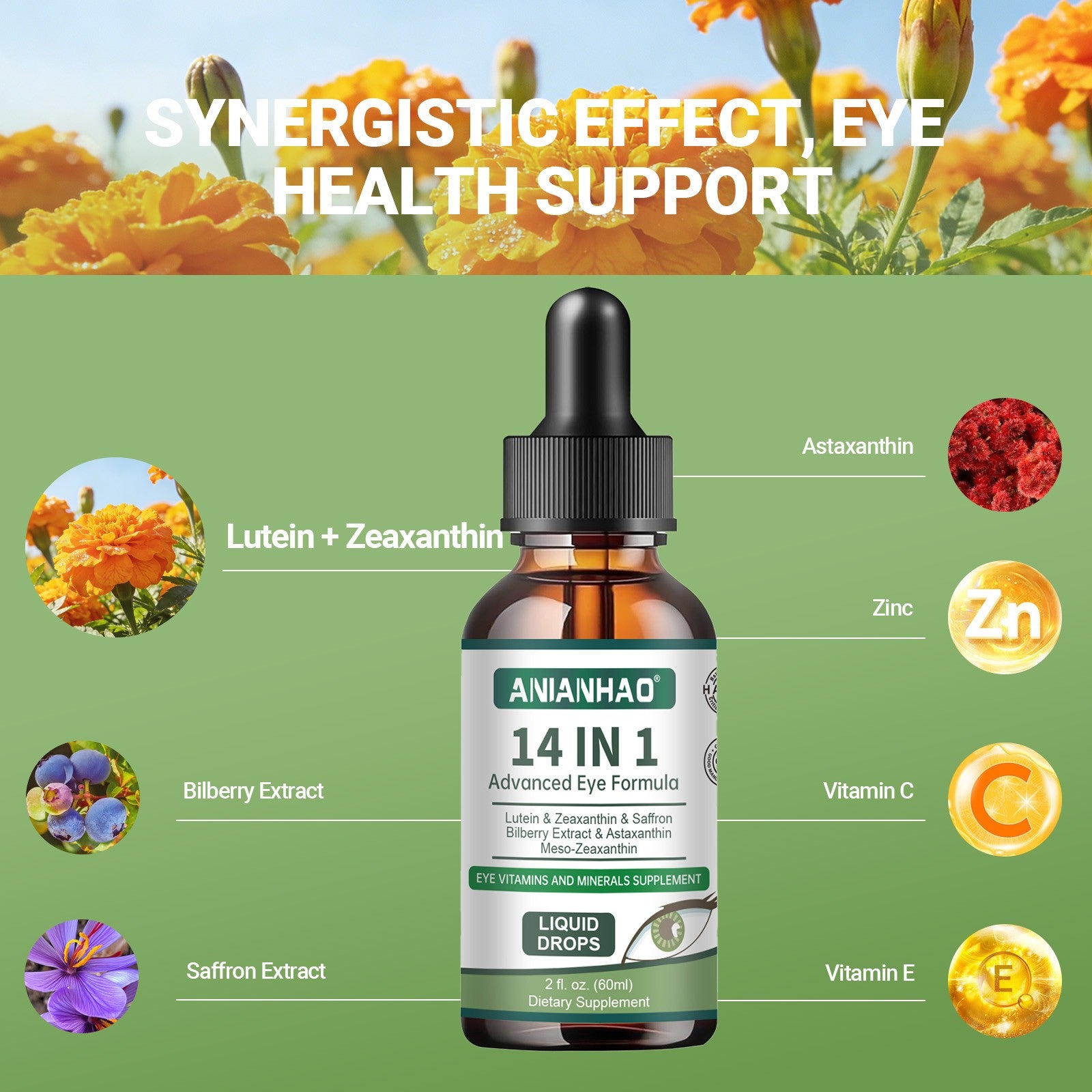 Dry Eye & Strain Relief Drops with Lutein & Zeaxanthin | 14-in-1 Formula, 60 mL