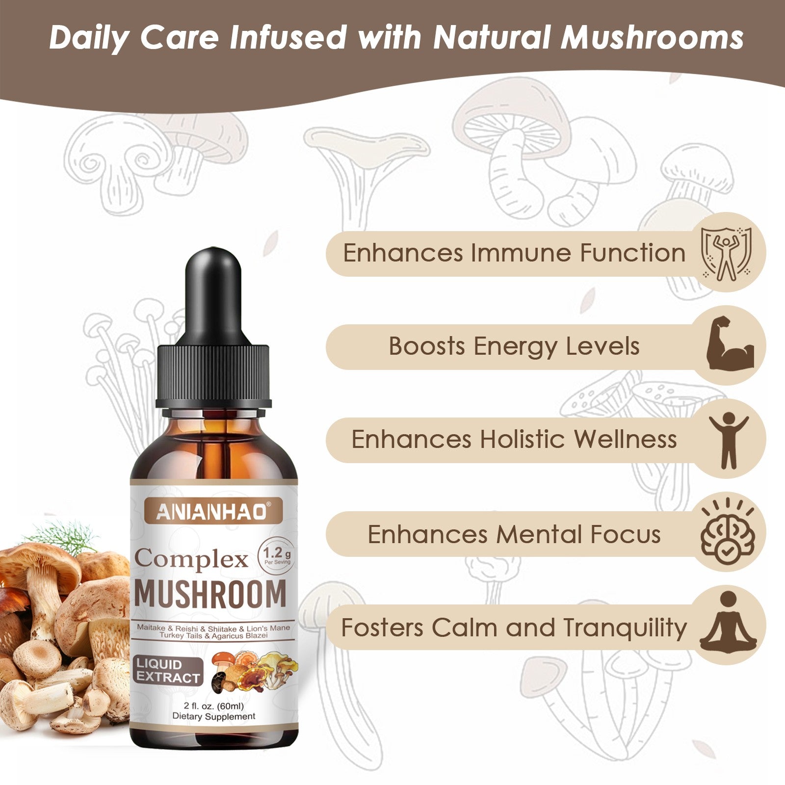 Lion's Mane Reishi Drops | 6-in-1 Mushroom Tincture for Immunity & Focus, 2oz