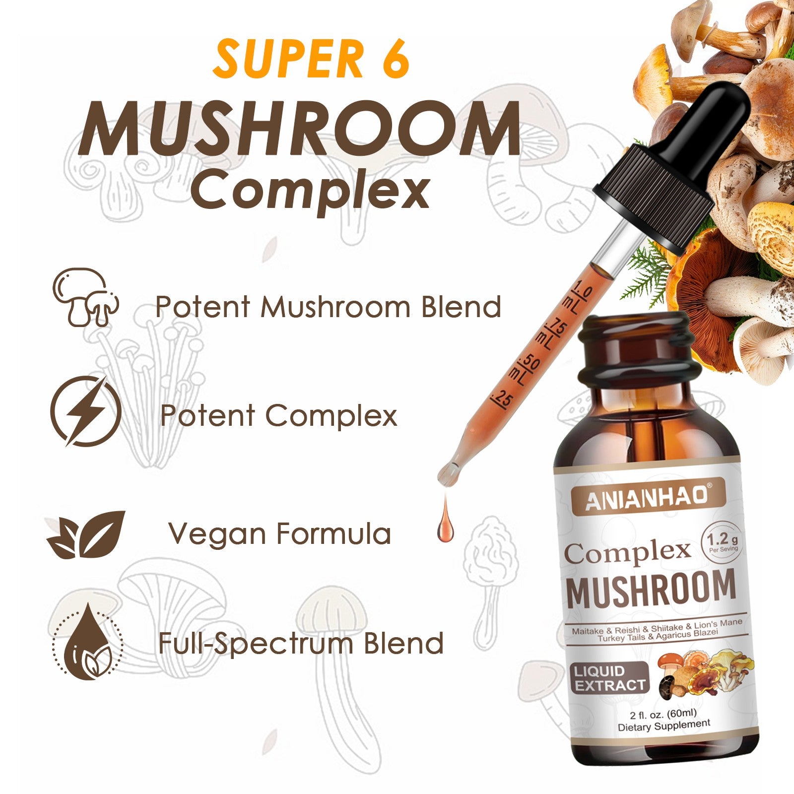 Lion's Mane Reishi Drops | 6-in-1 Mushroom Tincture for Immunity & Focus, 2oz