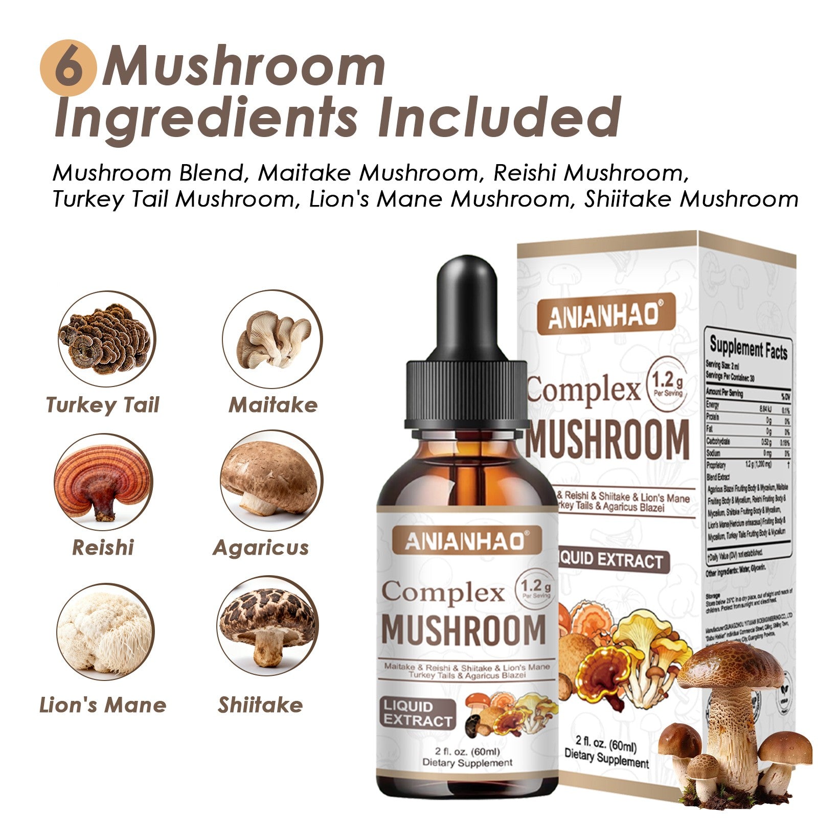 Lion's Mane Reishi Drops | 6-in-1 Mushroom Tincture for Immunity & Focus, 2oz